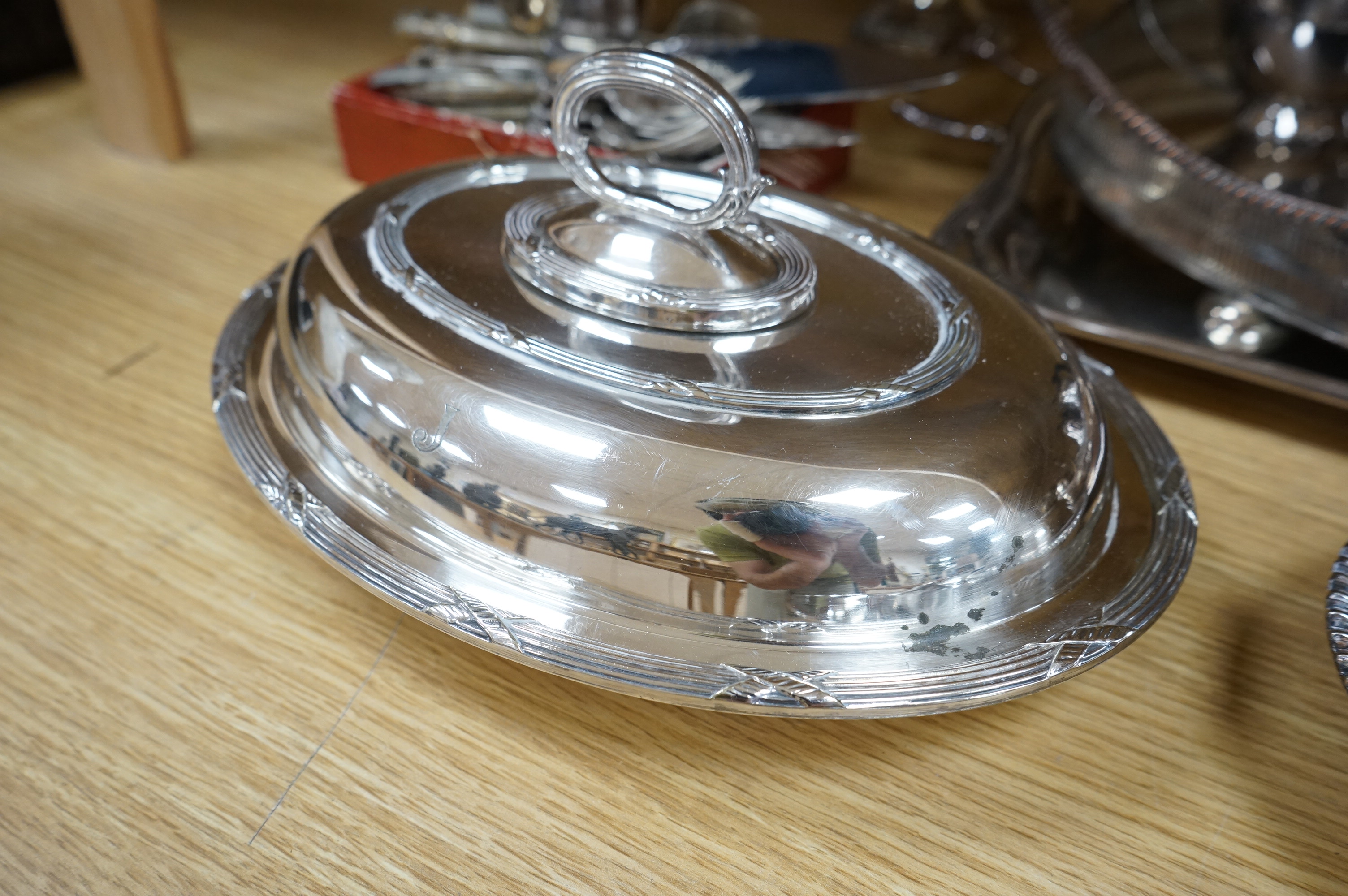 A quantity of plated wares, two trays three entree dishes, coasters and coffee pots etc, oval tray 64cm wife. Condition - good